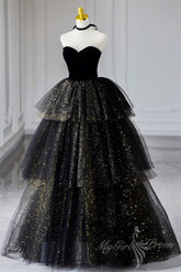 Black Sweetheart Tulle Long Prom Dress with Layered Skirt, Black Formal Evening Dress
